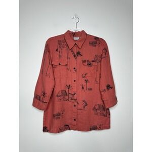 Chicos Button up Linen Top Size M Orange Black Tribal Art
